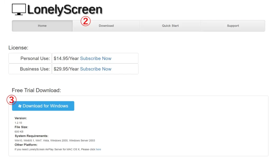 公式サイトからのLonelyScreenのダウンロード方法